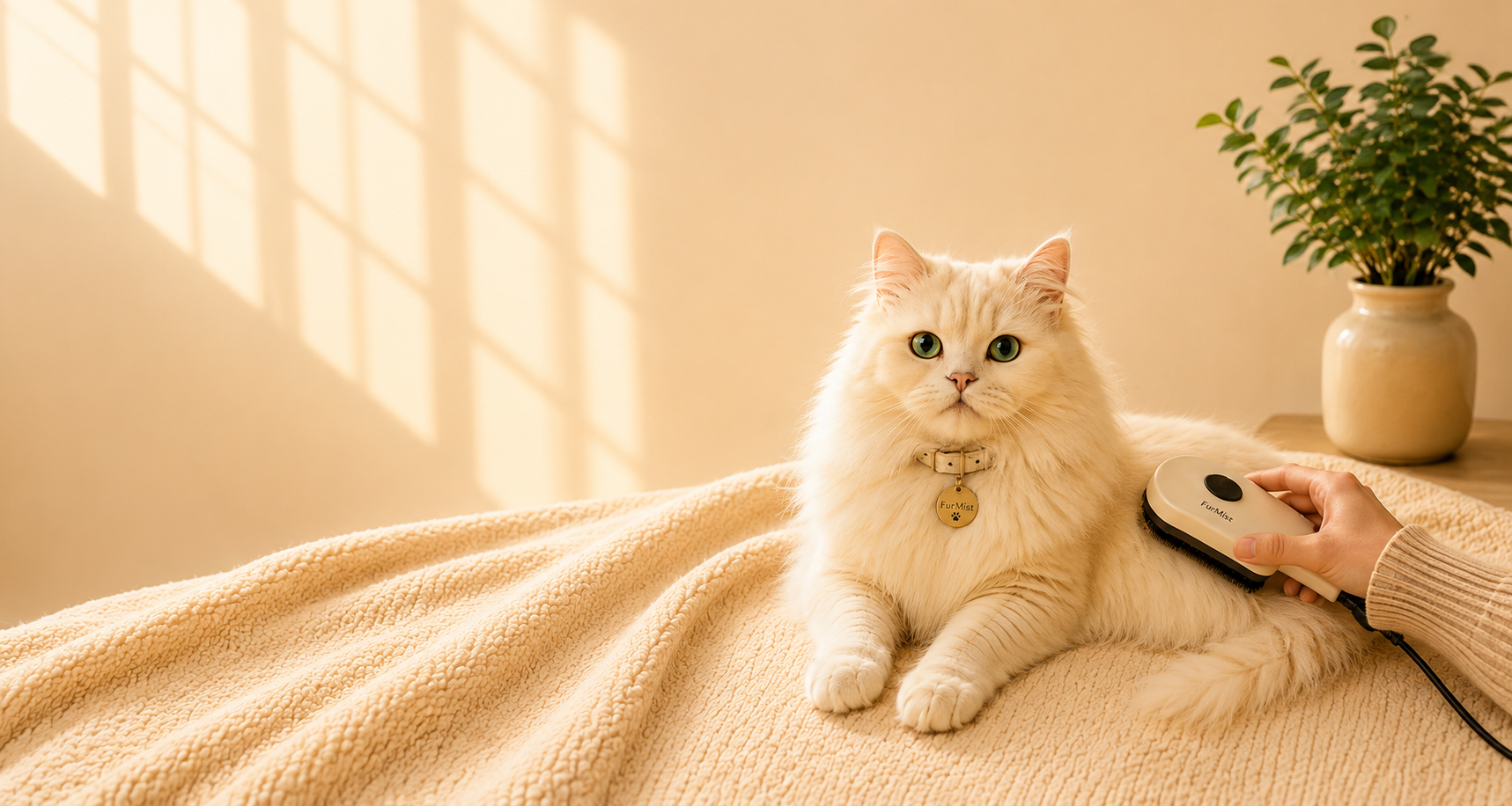 FurMist grooming brush being used on a cat
