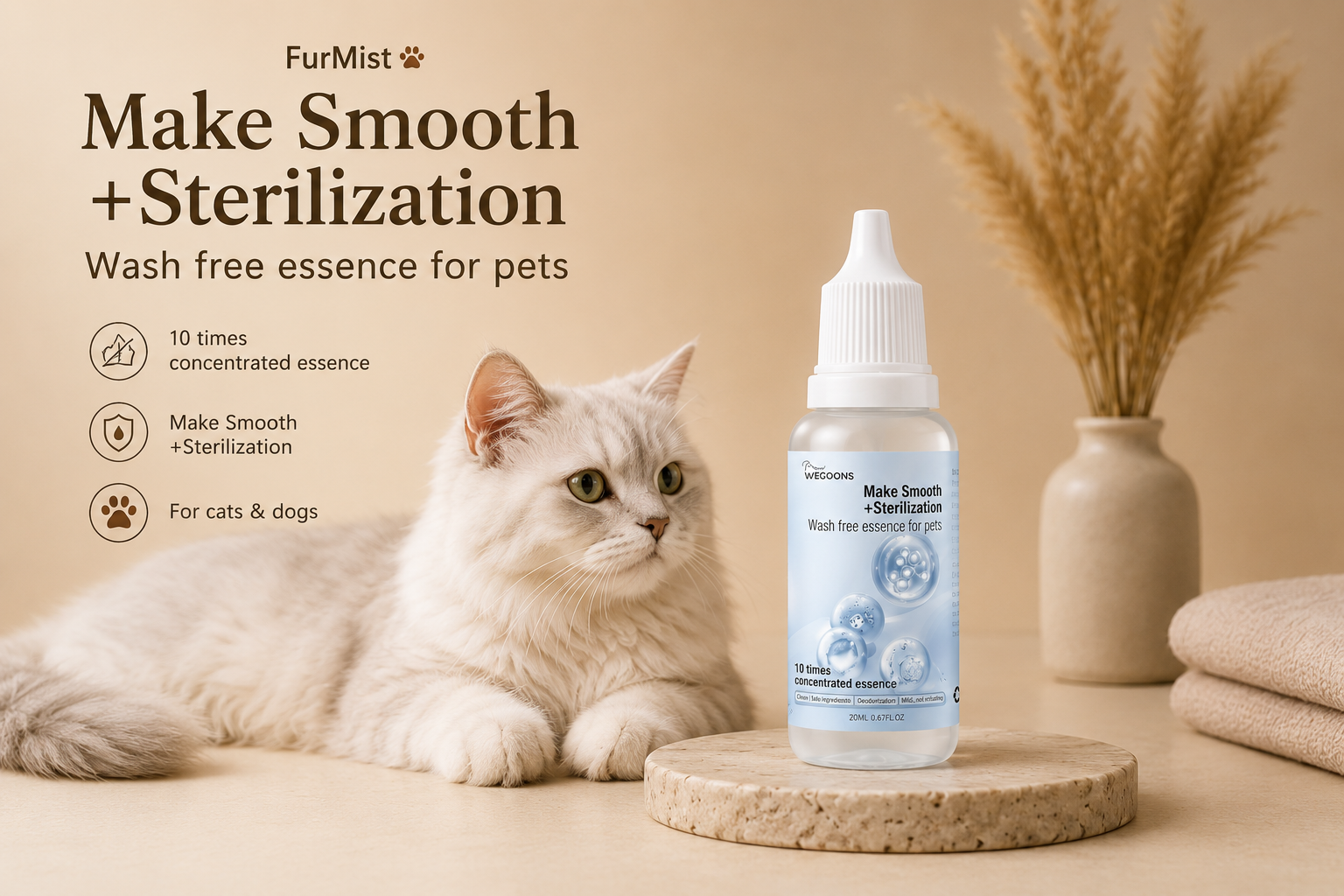 FurMist Pet Coat Freshener bottle beside a white cat, a wash-free grooming essence for pets