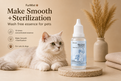 FurMist Pet Coat Freshener bottle beside a white cat, a wash-free grooming essence for pets
