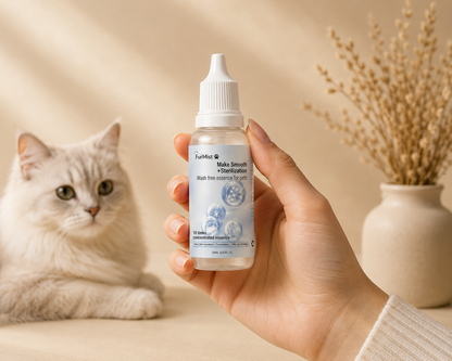 Hand holding a bottle of FurMist Pet Coat Freshener in front of a light grey cat