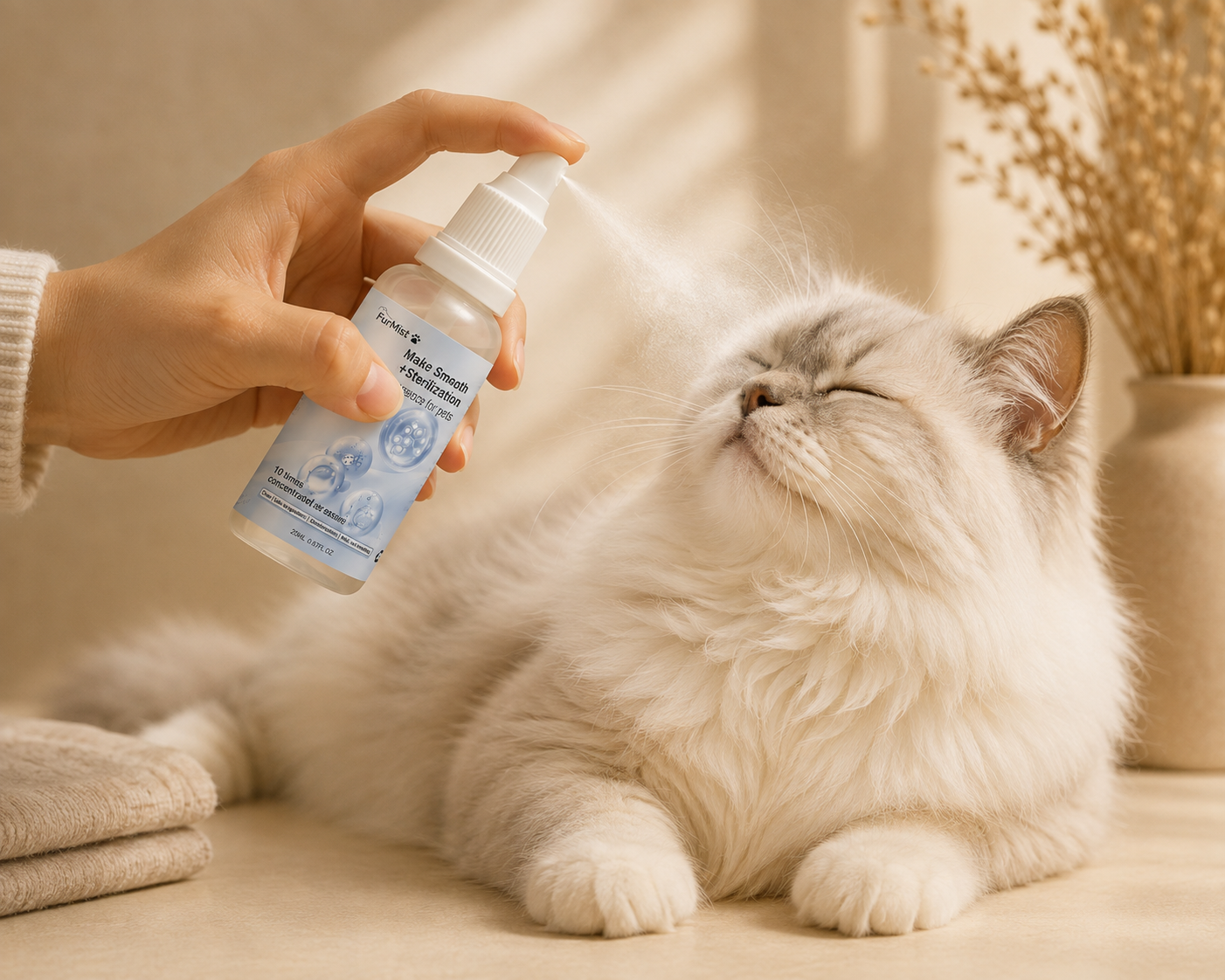 FurMist Pet Coat Freshener being sprayed onto a fluffy cat's coat