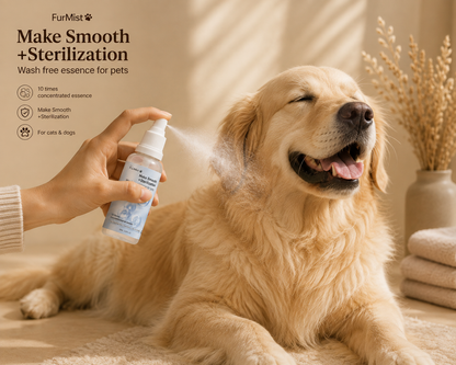 FurMist Pet Coat Freshener being sprayed onto a Golden Retriever's coat